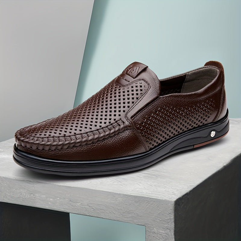 Men's Leather Casual Loafers with Hollow Out Design Slip-On Breathable Wear-Resistant for Outdoor and Office