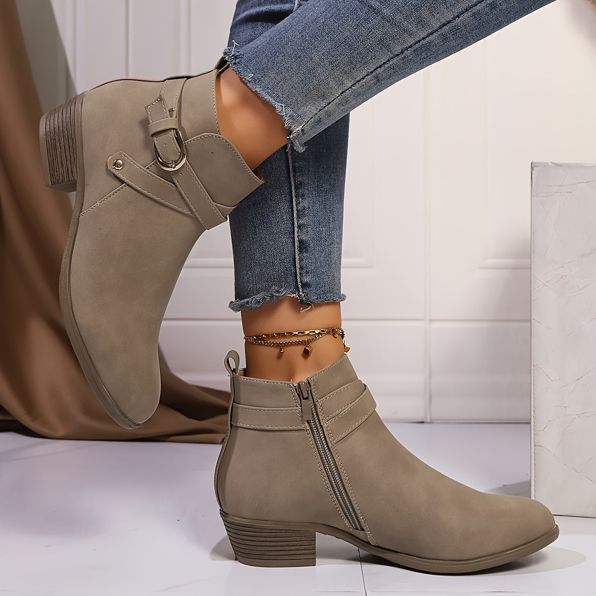 Women's Nude Short Ankle Boots Low Heel Side Zipper