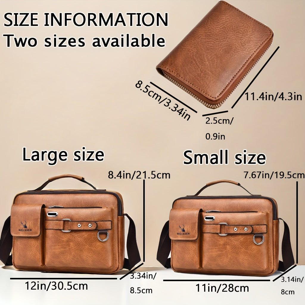 Men's PU Business Crossbody Bag Light Brown Adjustable Shoulder Strap for Office and Casual Use