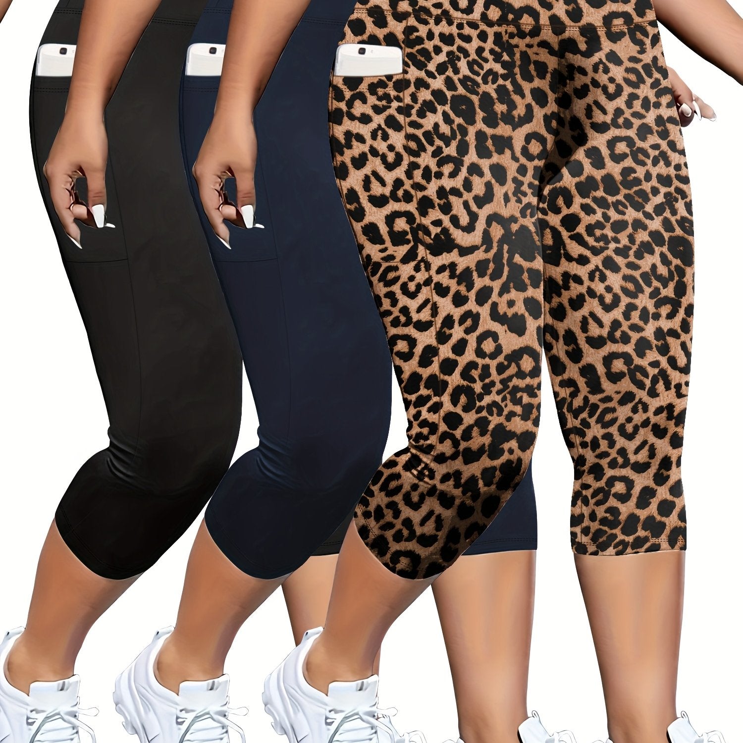 Plus Size Women Capri Leggings 3 Pack Tummy Control High Waist Pockets