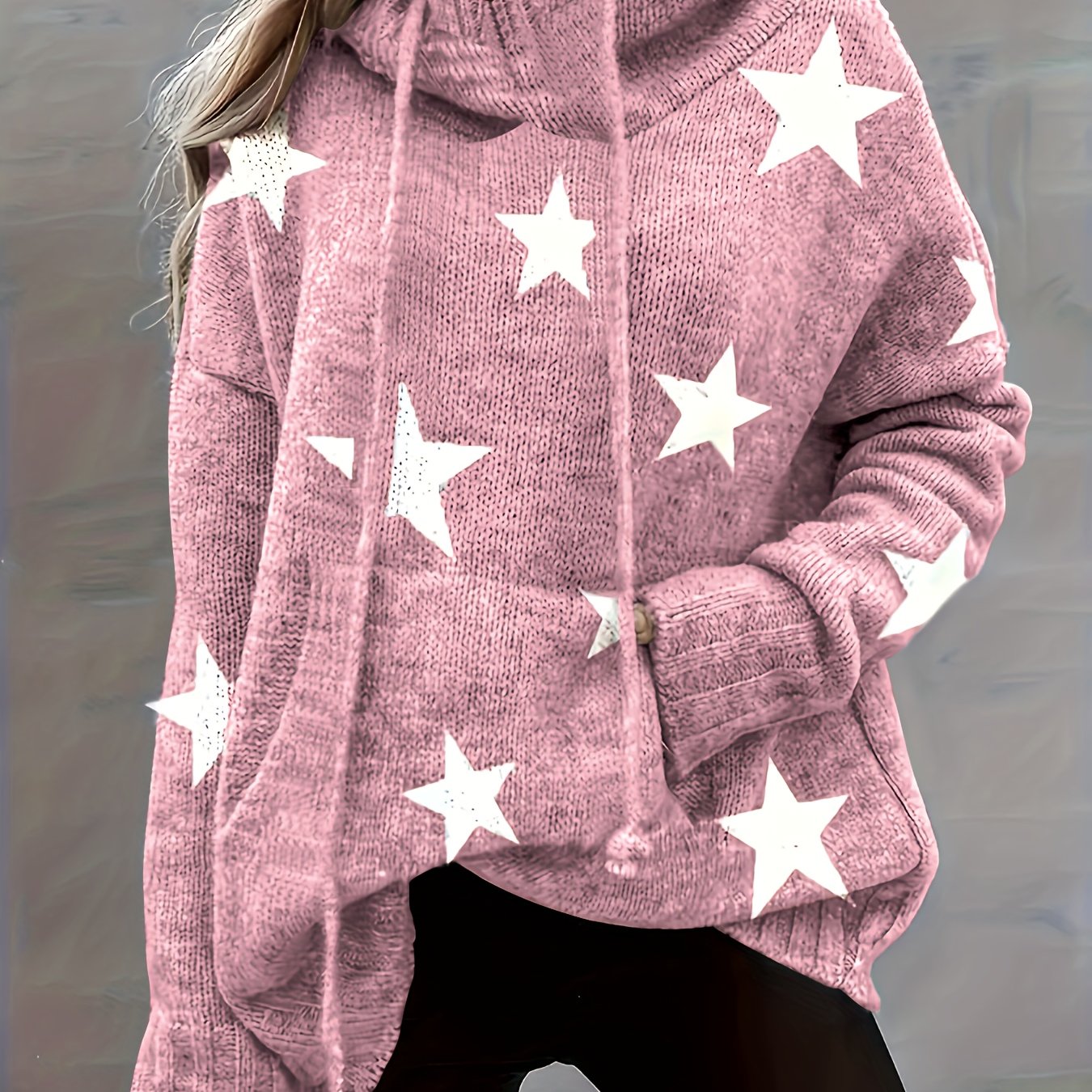Plus Size Women’s Knit Hoodie With Pockets and Star Print