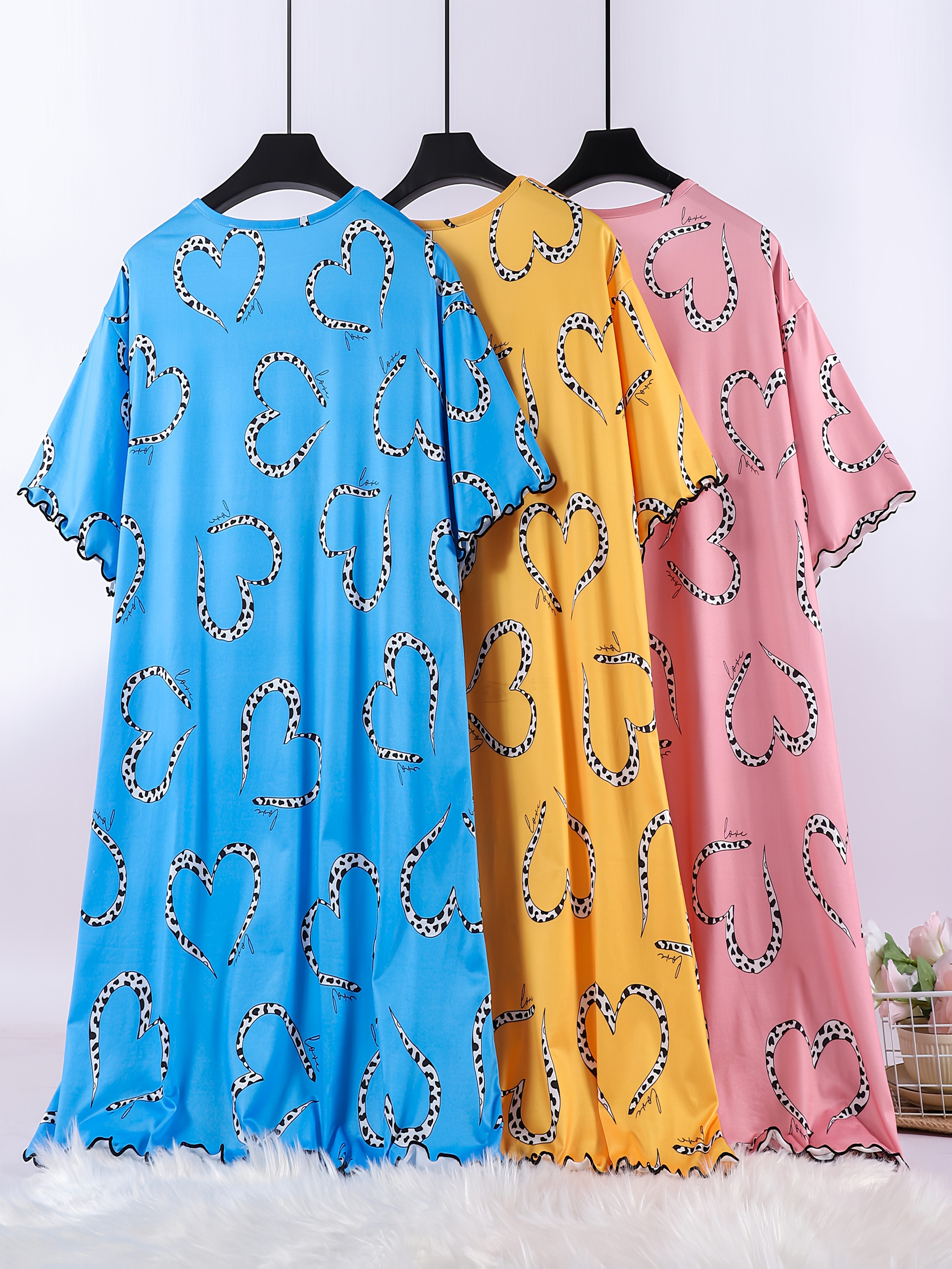 Women's Summer Sleep Dresses 3-Pack Short Sleeve Ruffled Nightgowns with Heart Print