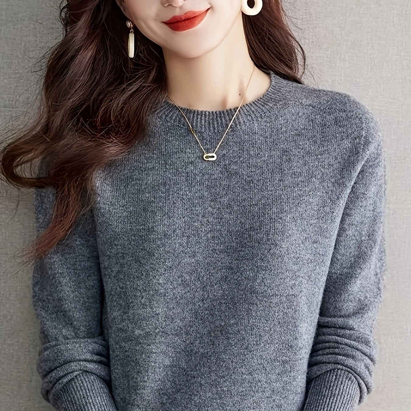 Suéter de lana merina para mujer de cuello redondo y manga larga, de color sólido, para otoño e invierno