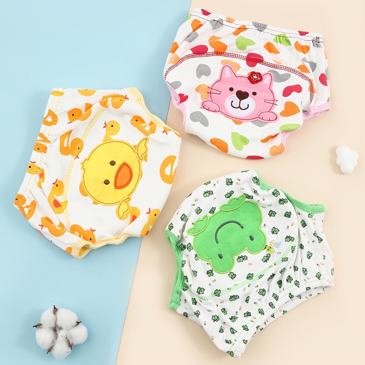 Juego de 3 pantalones de entrenamiento lavables con dibujos animados y patrones de animales para niños pequeños
