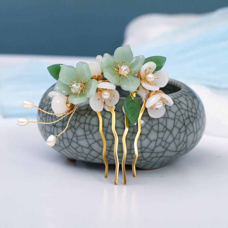 Vintage Bridal Hair Accessory with Green Glass Flower Leaves and Crystal Accents