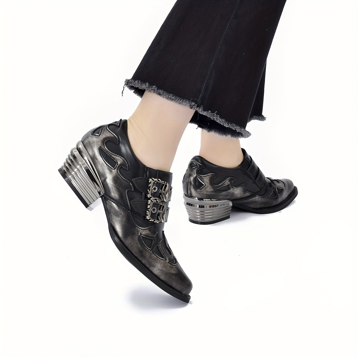 Women's Silver Brushed Retro British Style Ankle Boots with Flame Decoration