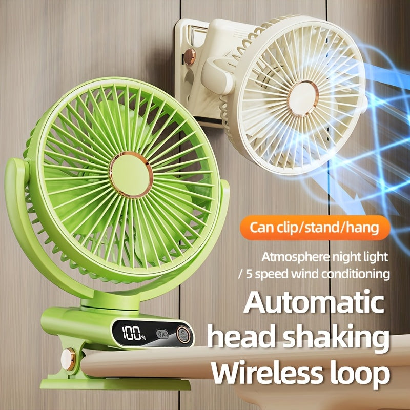 Portable Clip-On Desk Fan with 360° Rotation USB Rechargeable Night Light Oscillating