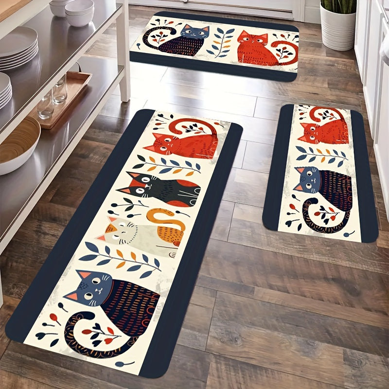 Cat Print Doormats Set Waterproof Non-Slip Polyester for Kitchen Living Bathroom