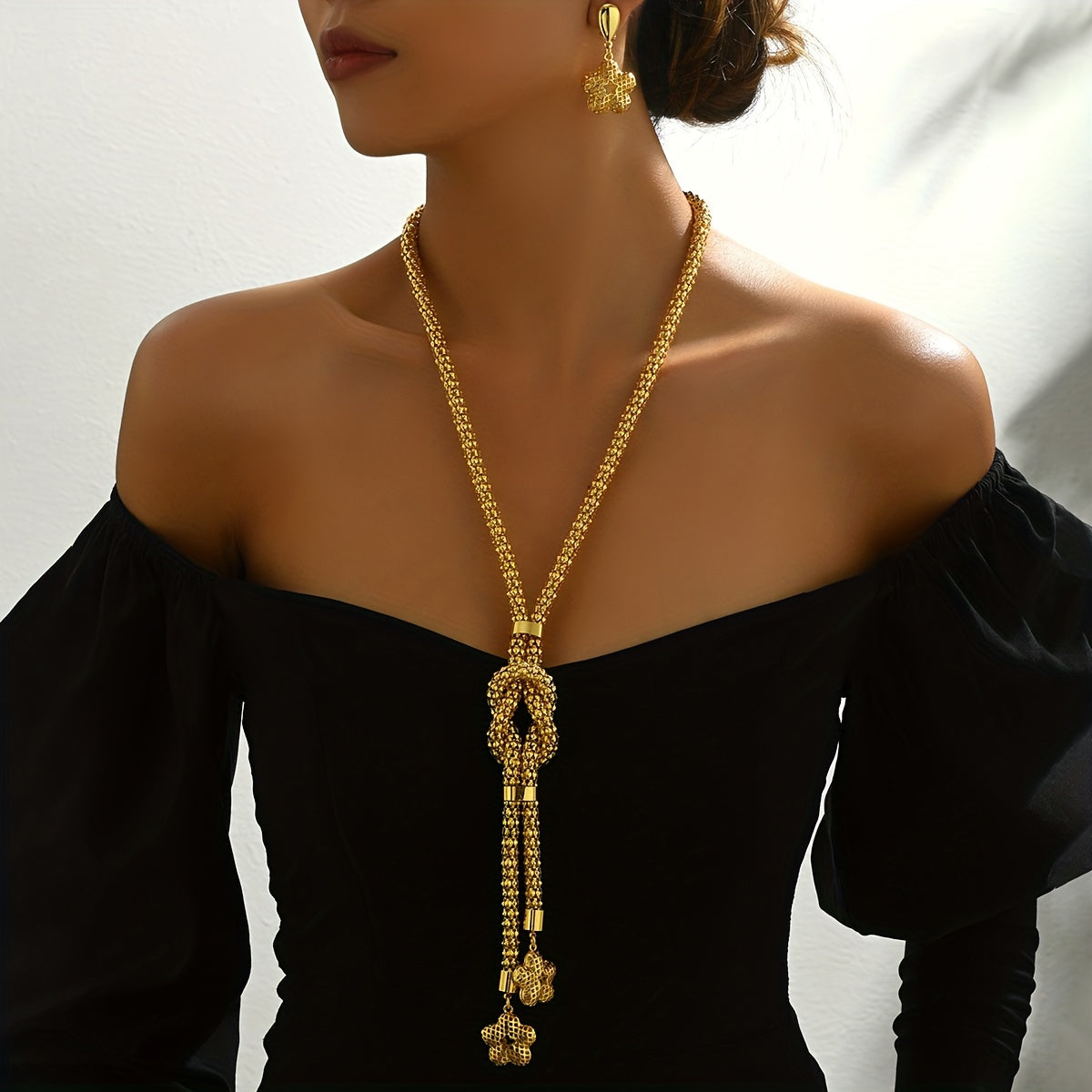 Women’s 3-Piece Jewelry Set Y-Shaped Geometric Necklace Tassel Flower Pendant Stylish for Special Occasions