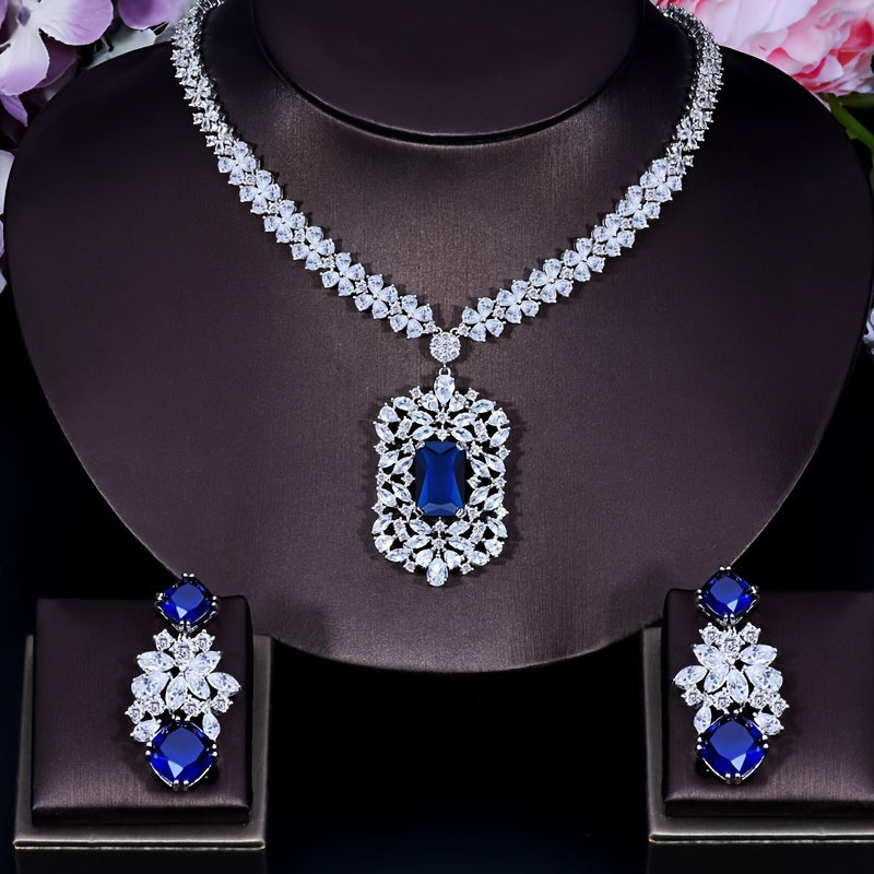 "Royal French-Style Jewelry Set with Synthetic Zirconia, 3 Pieces: Copper Pendant Necklace and Dangle Earrings. Perfect for Weddings and Banquets, All-Season Elegant Accessory. Super Noble Red Design with Large Pendant, Ideal for Dinner Dresses."