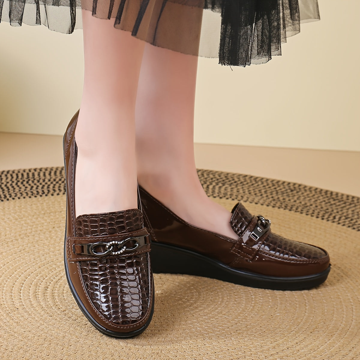 Women's Slip-On Loafers Faux Leather Glossy Finish Buckle Casual Comfortable