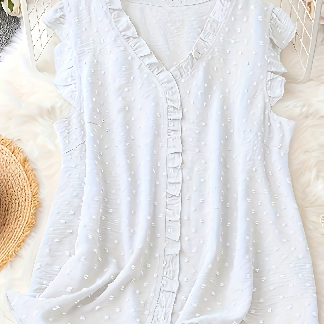 Plus Size Swiss Dot Blouse with Frill Trim V-Neck Summer Casual Women