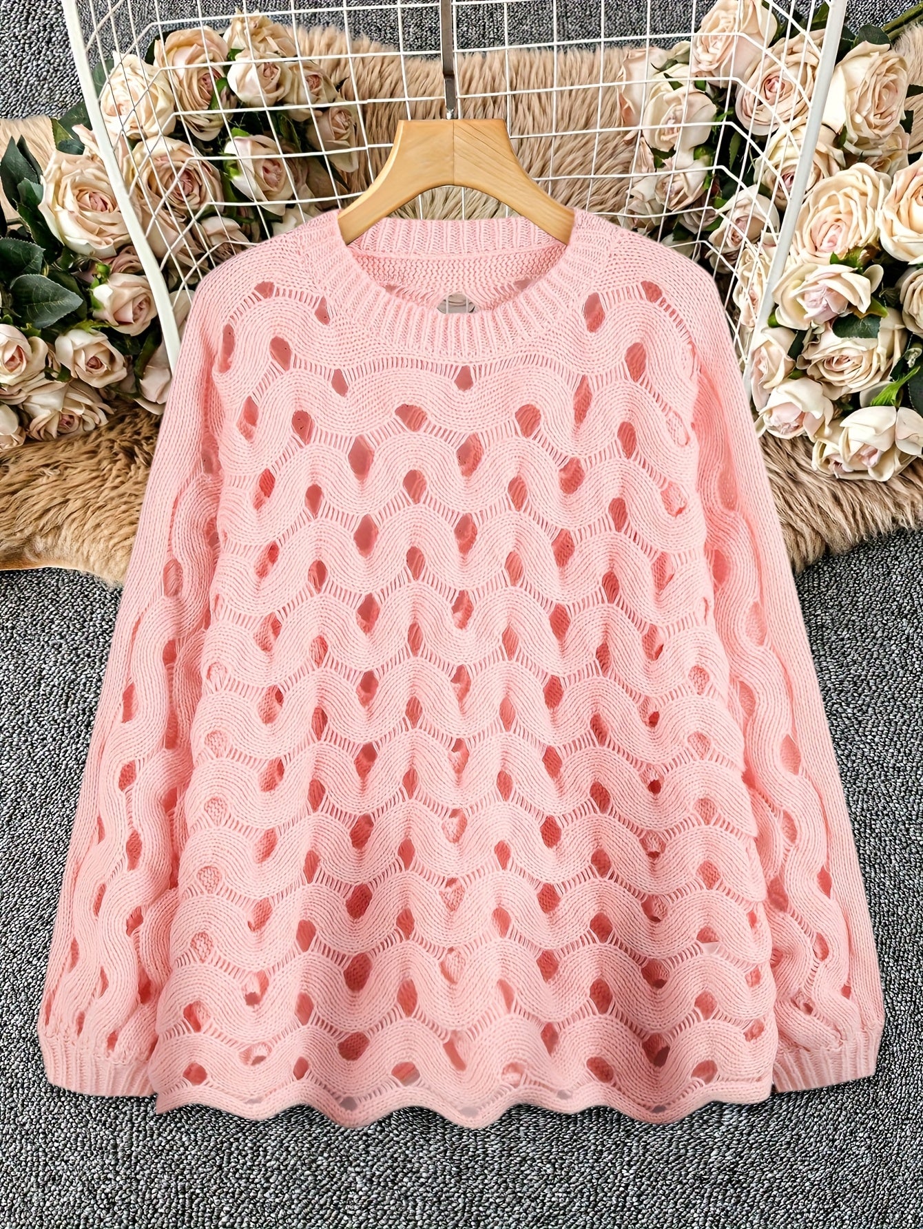 Women Plus Size Long Sleeve Knit Sweater Pink Hollow Ribbed Spring Summer