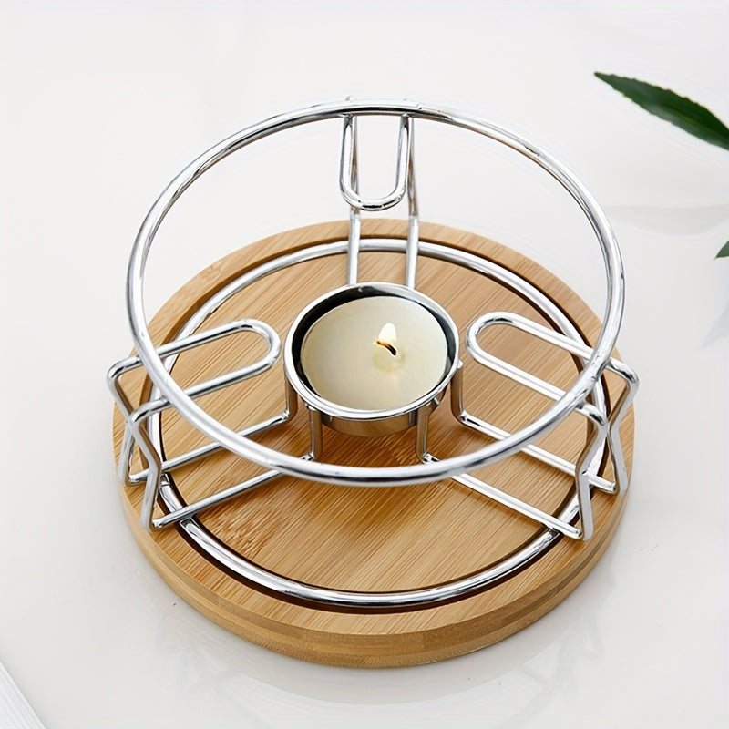 Stainless Steel Candle Holder with Wooden Base for Tea Coffee Heating and Beverage Accessories