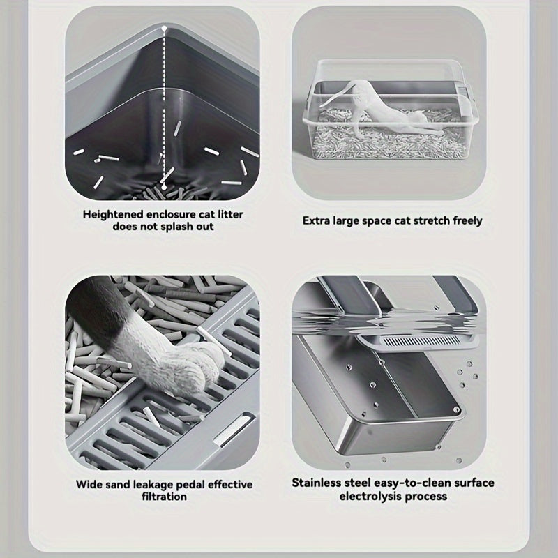 Gran caja de arena para gatos de acero inoxidable con protector contra salpicaduras y fácil limpieza