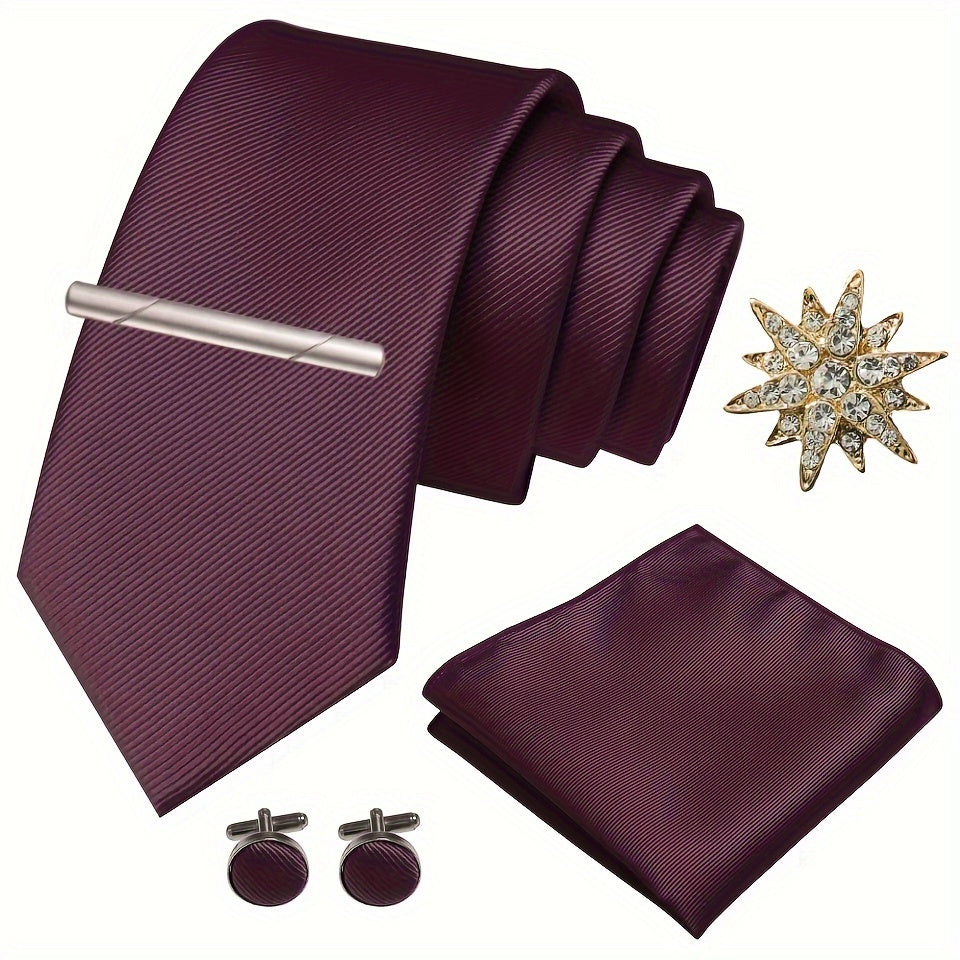 Erkaklar uchun satinning twill galstuk to'plami, galstuk klipi, cho'ntak sharlari, manşet o'rashlar va brosh uchun rasmiy tadbirlar