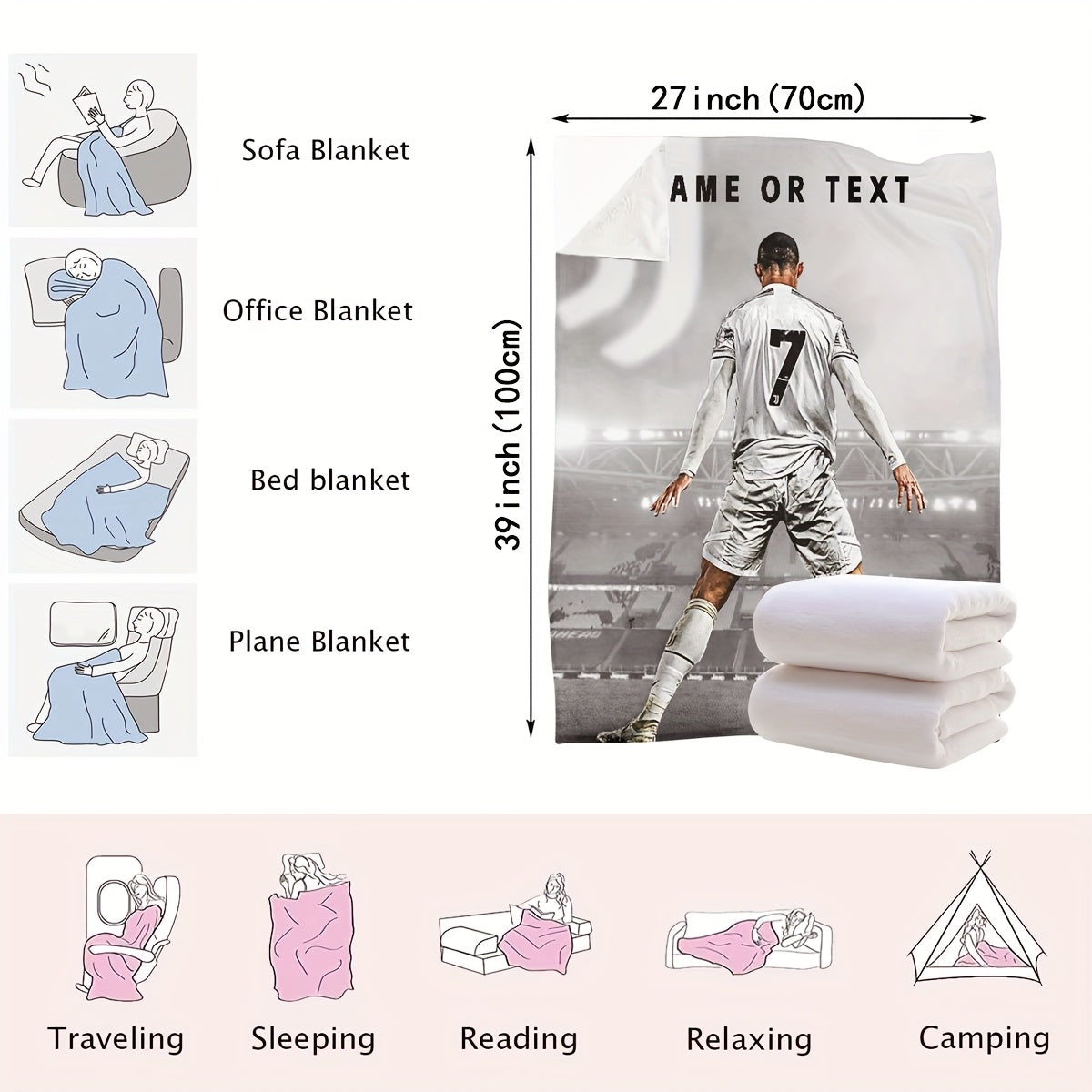 Personalized Football Player Print Flannel Blanket for Bed Sofa Camping Travel