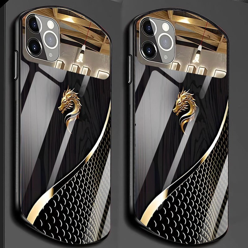 Luxury Golden Dragon Faux Wood Grain Oval Glass Phone Case for iPhone 11 Pro Max and Later Models