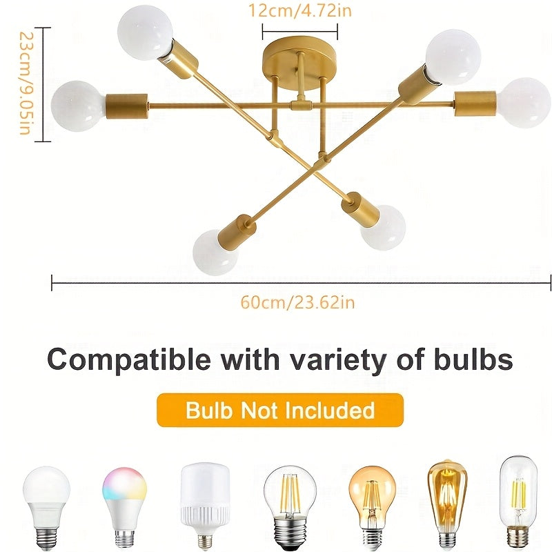 Modern Metal Chandelier with 6 Lights Black and Gold Flush Mount for Bedroom Kitchen Dining