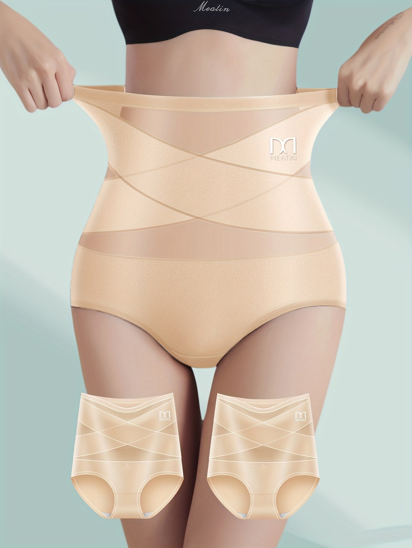 Women's High Waist Tummy Control Panties Mesh Panel Cross-Strap Butt Lift Black Shapewear