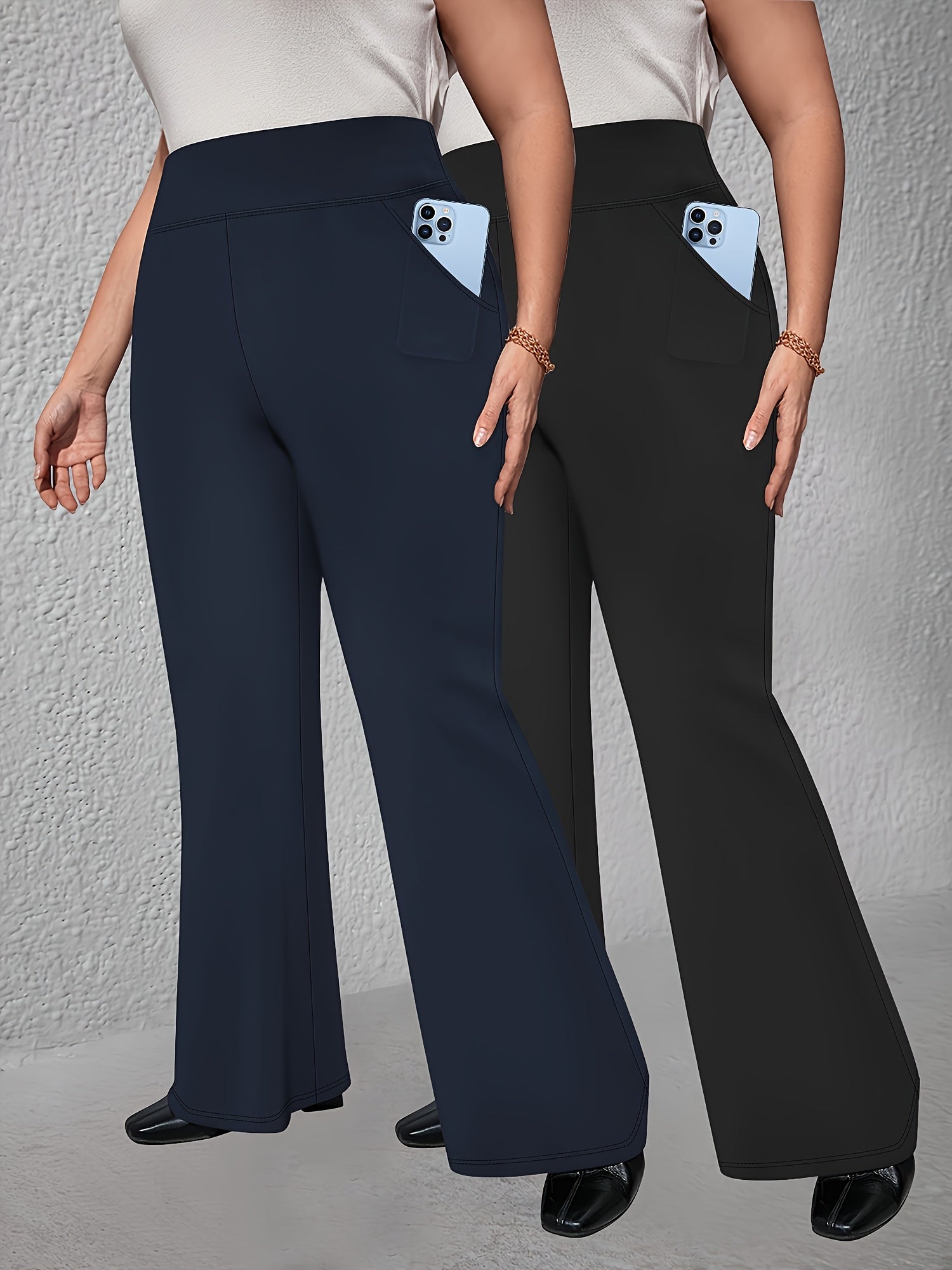 Women's High Waist Flare Pants Set with Pockets, Elastic, All Seasons