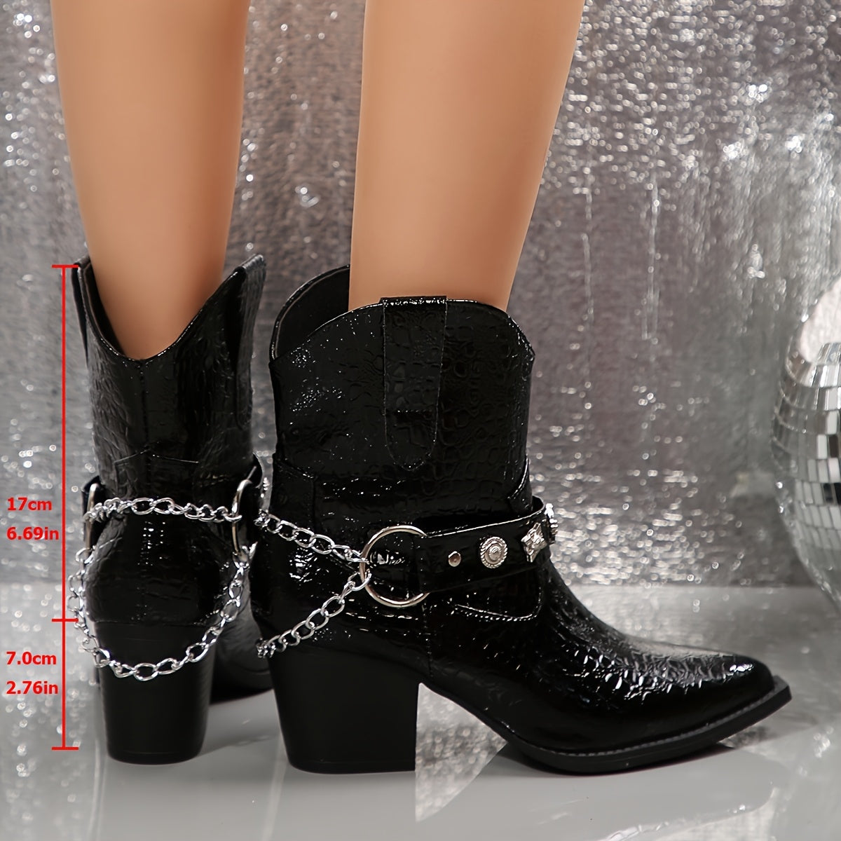 Women's Black Faux Leather Ankle Boots with Metal Buckle Chain Detail