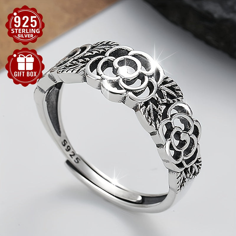Sterling Silver Ring with Hollow Rose Flower Ethnic Design for Ladies