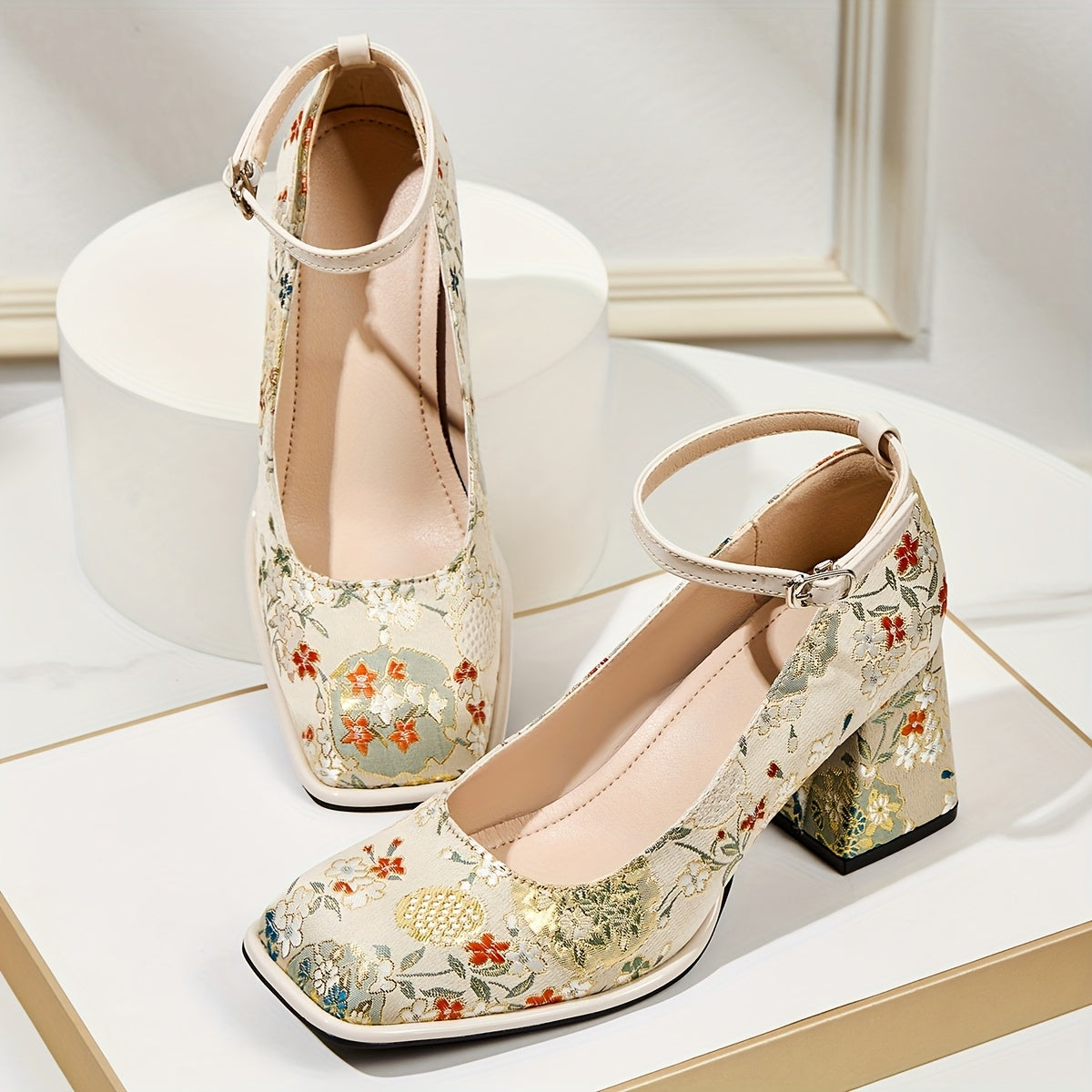 Women's Floral Block Heel Pumps Dress Shoes with Ankle Straps