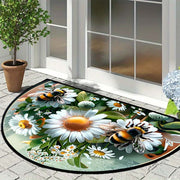 Semi-Circular Welcome Mat with Daisies and Bees Non-Slip Washable Polyester Indoor Outdoor Durable Entrance Rug