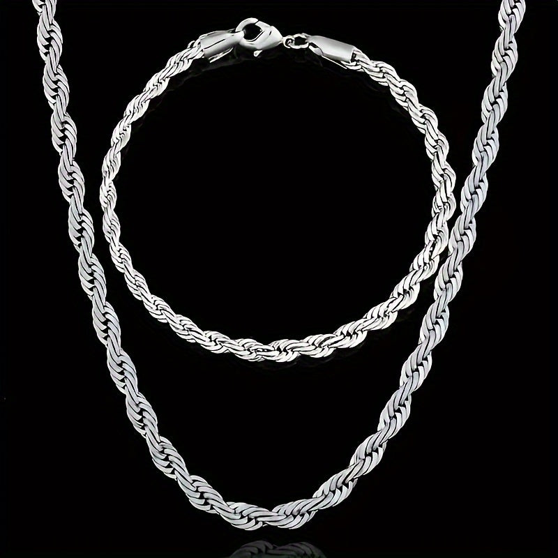 925 Silver Plated Twist Chain Set for Men and Women Necklace and Bracelet