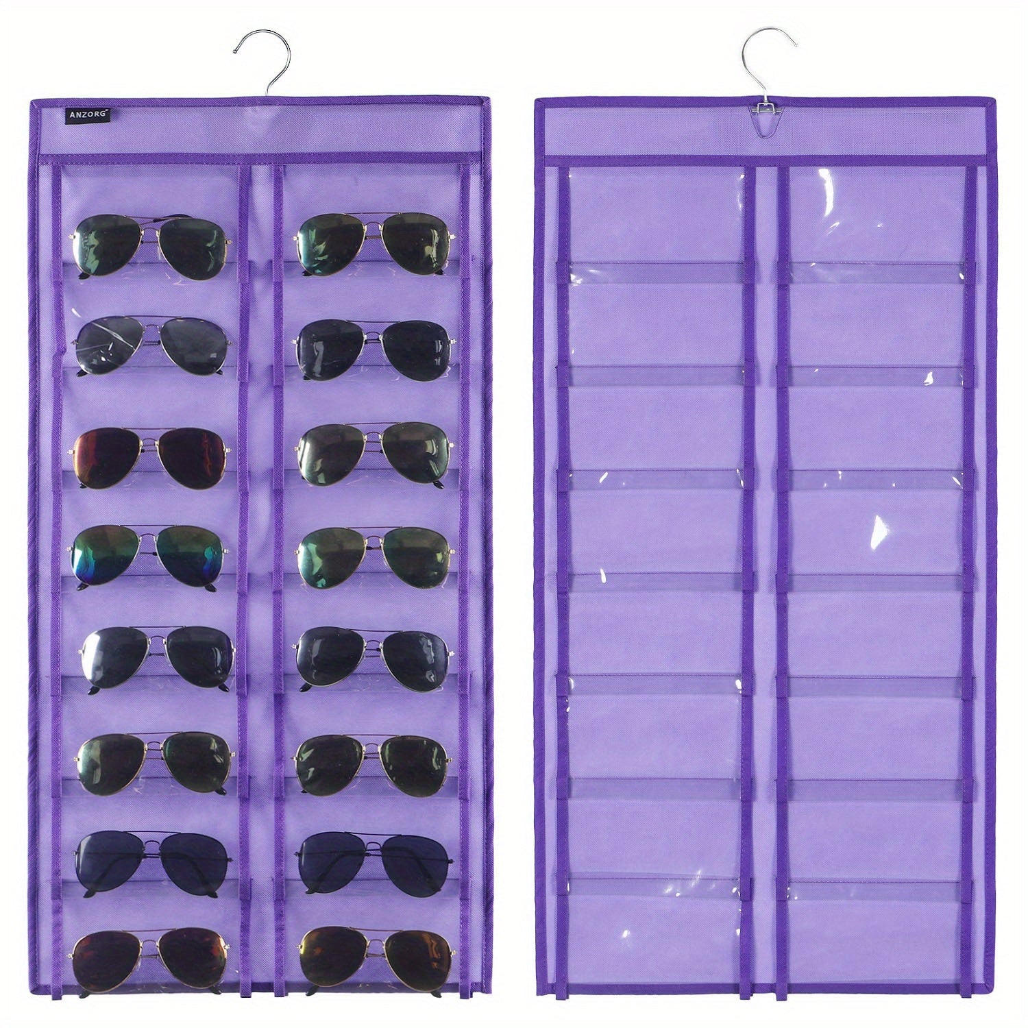 Dual Sided Hanging Sunglasses Organizer with 32 Dustproof Pockets for Home Storage