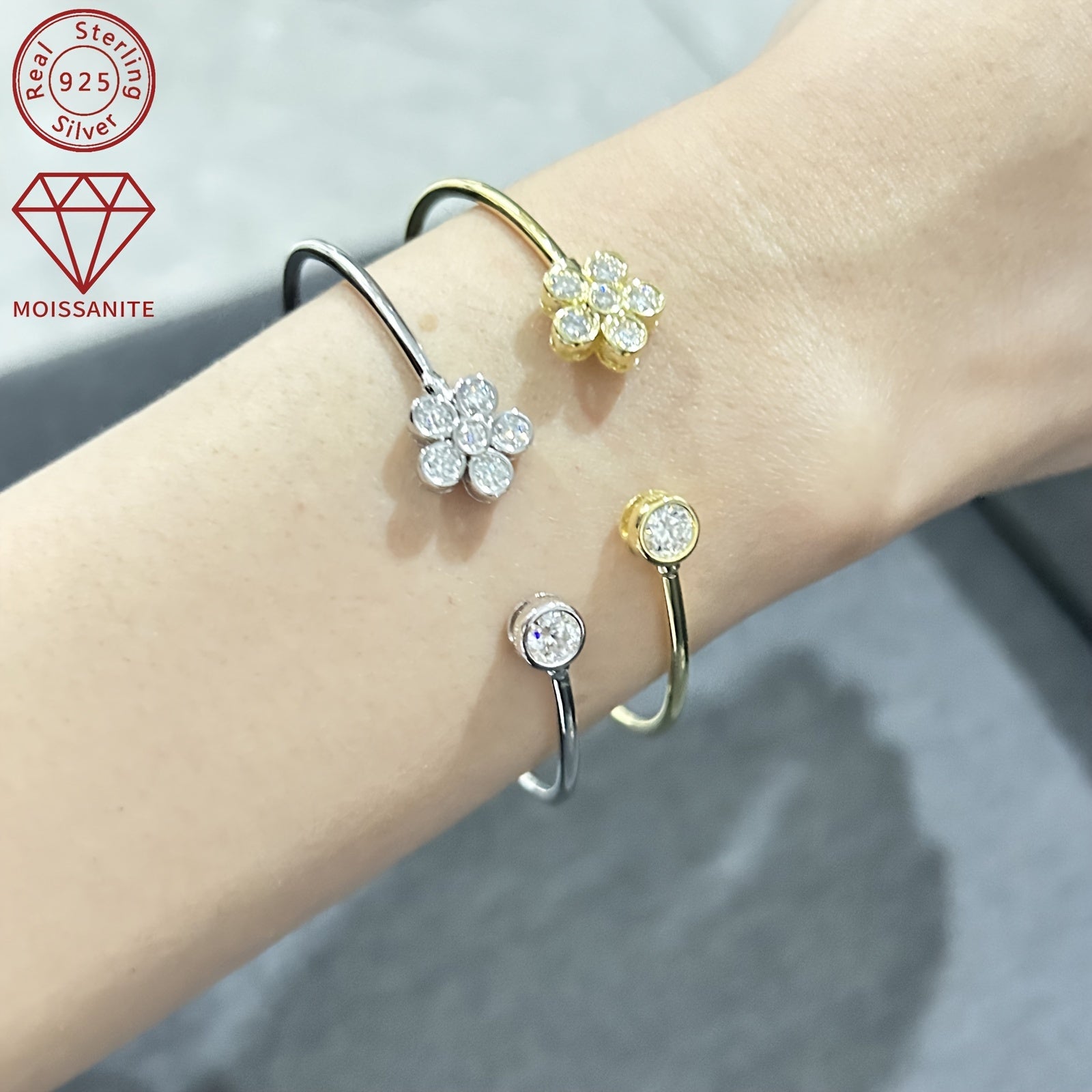 Open Cuff Bracelet for Women with Synthetic Moissanite Stones 925 Silver 14K Gold Plating April Birthstone Elegant Floral Design