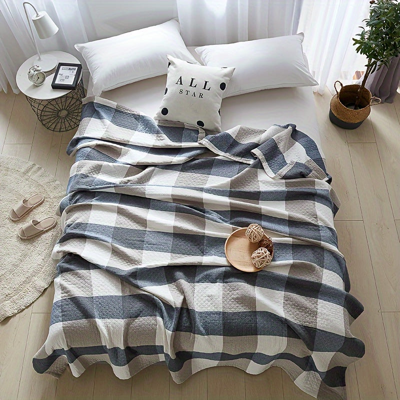 Lightweight Cotton Quilt with Grey and White Plaid for Modern Farmhouse and Bohemian Bedrooms