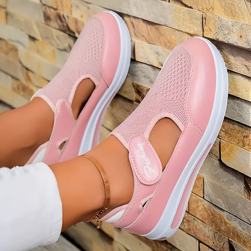Women's Breathable Knit Sneakers Low Top Outdoor Shoes with Fastener in Pink Blue Black
