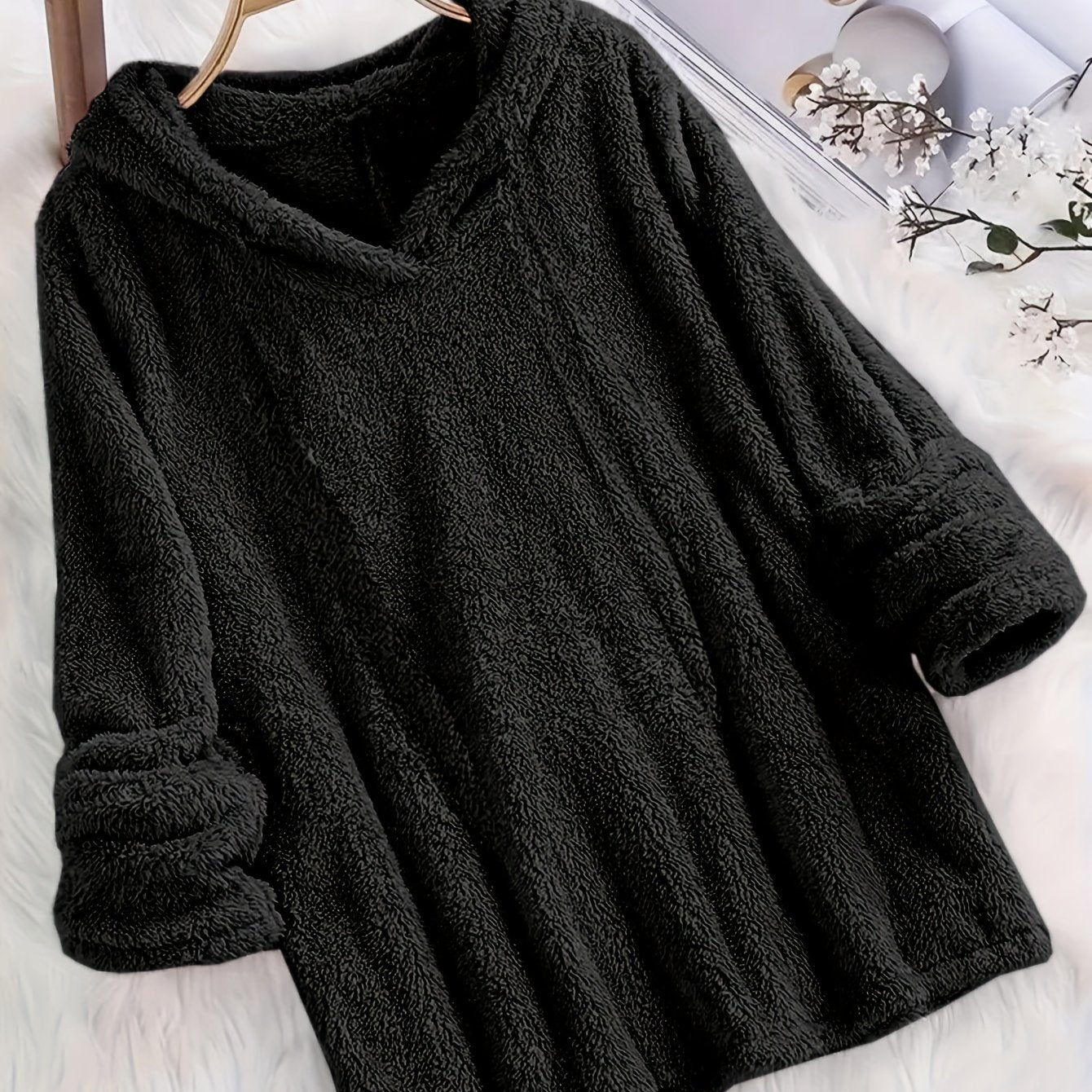 Plus Size Women's Fleece-Lined Hooded Sweatshirt Long Sleeve Plush Autumn Winter