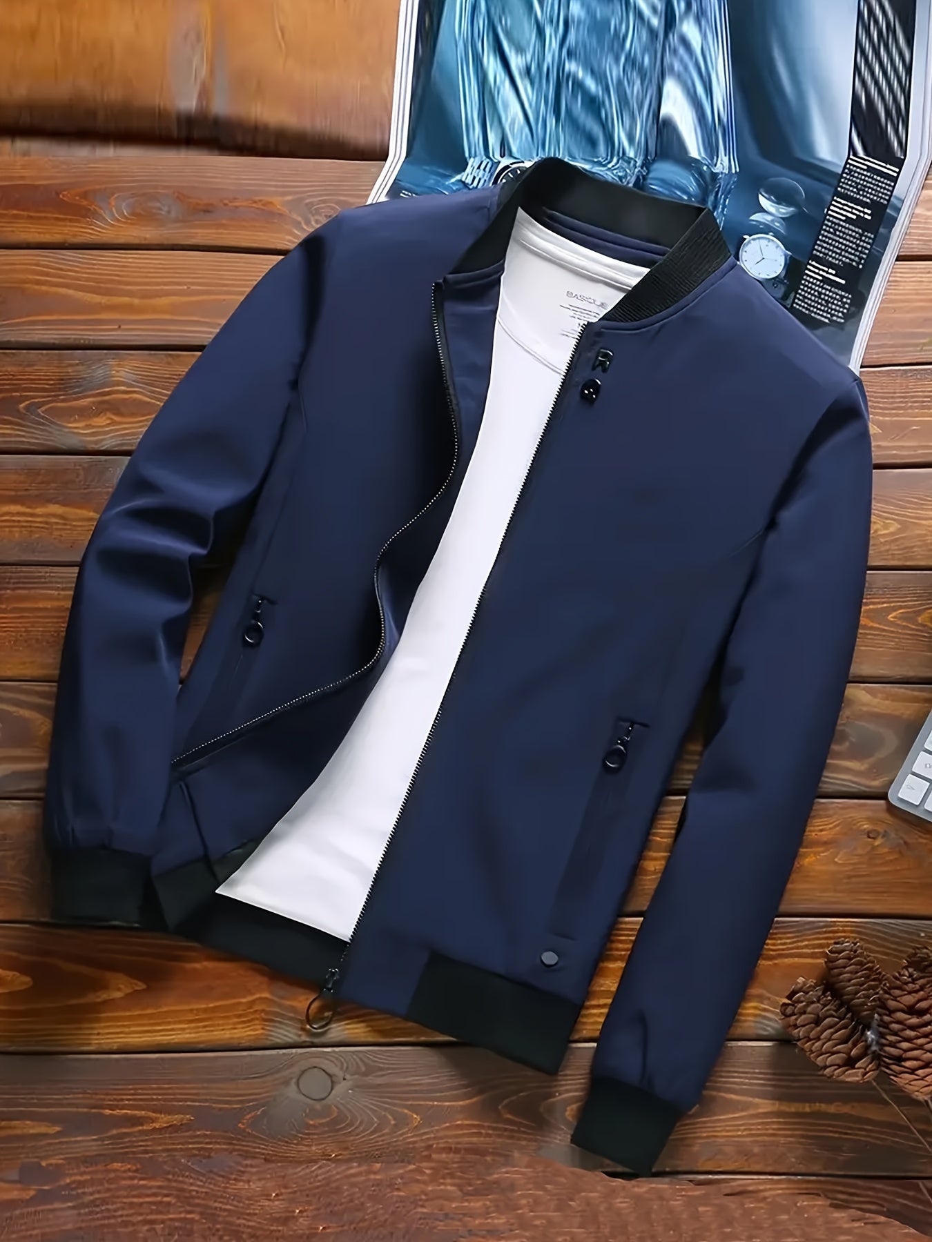 Men's Maroon Zip-Up Jacket with Stand Collar Lightweight Polyester for Spring and Fall Outdoor Activities