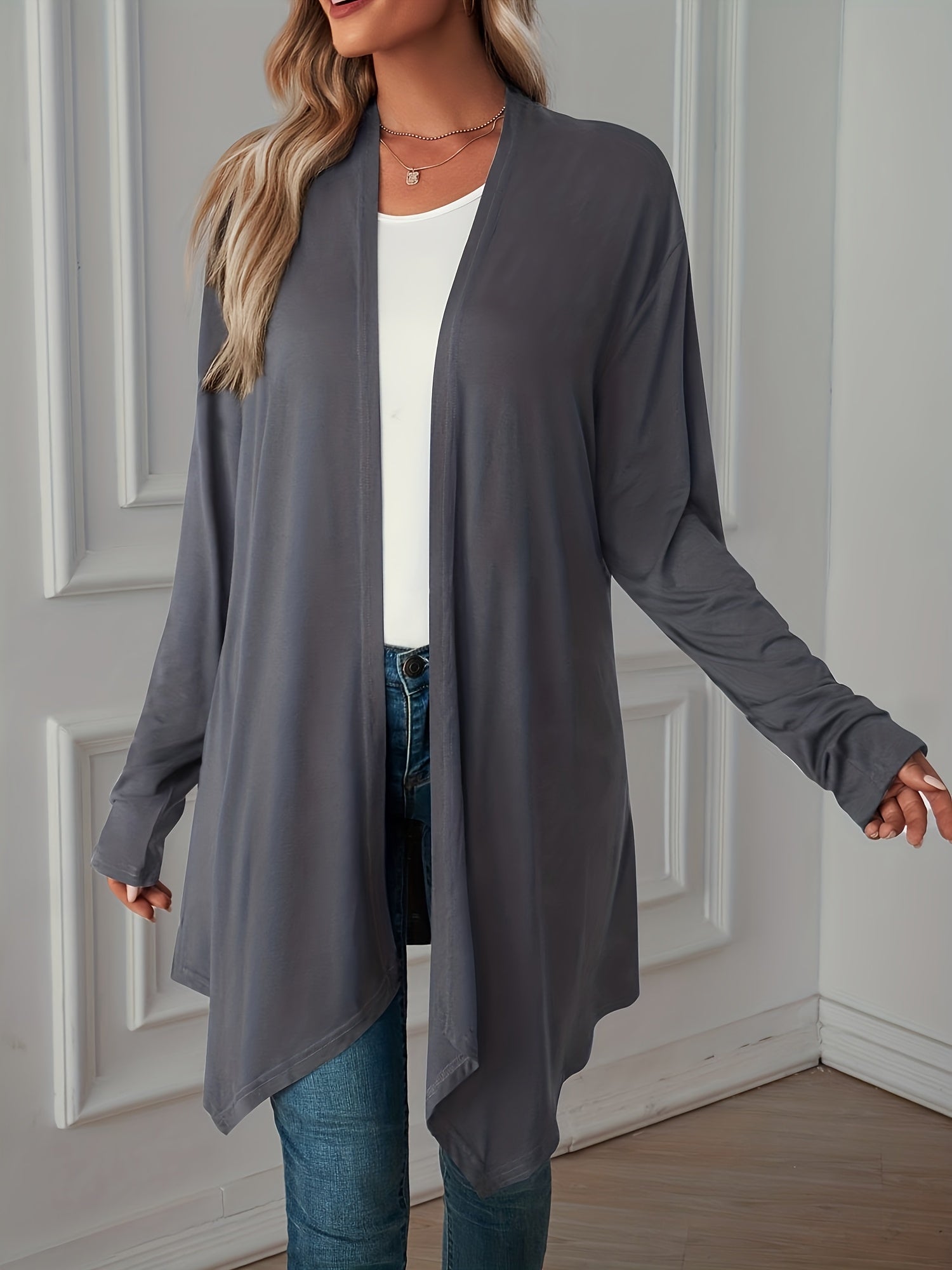 Women's Plus Size Gray Cardigan Long Sleeve Open Front Lightweight Polyester