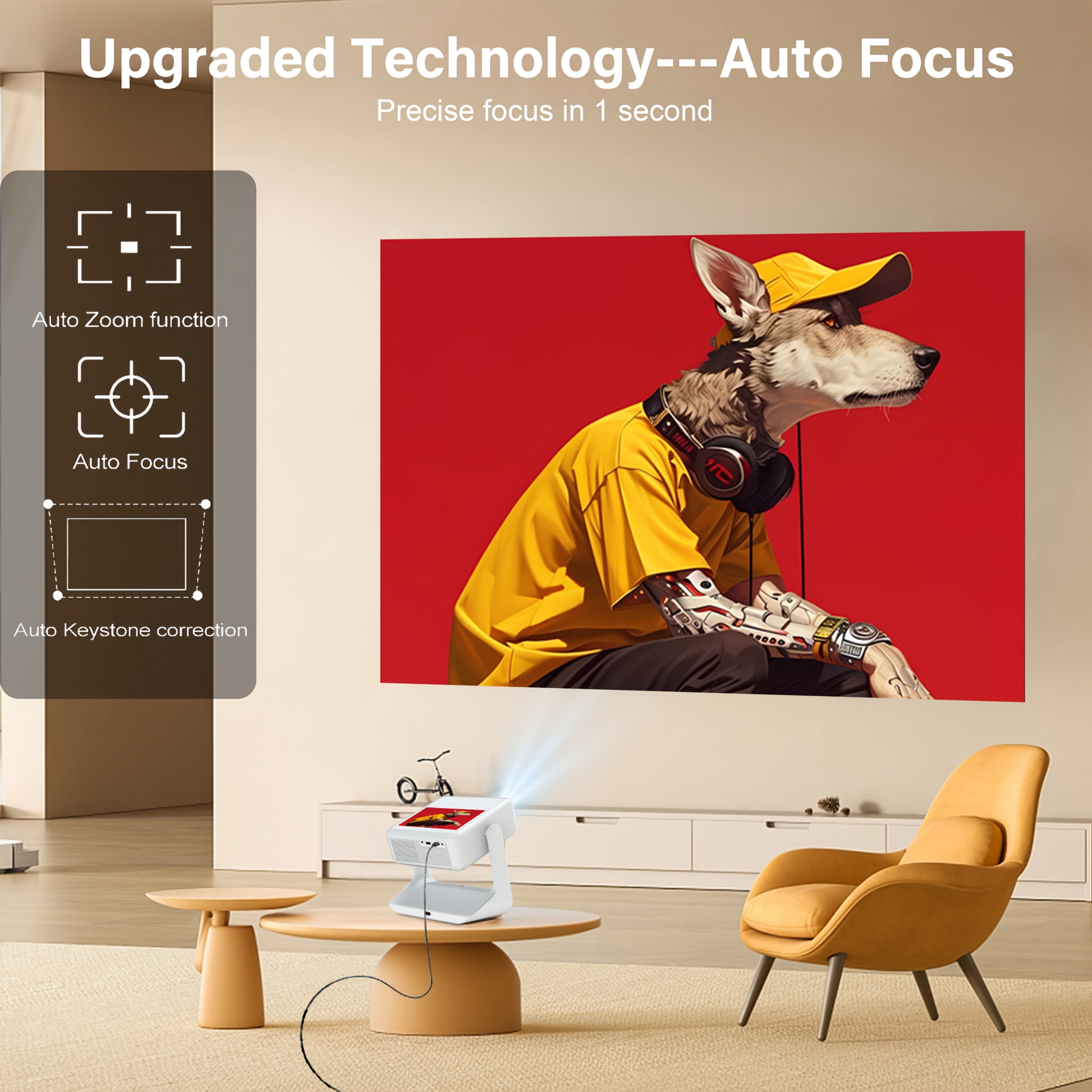 Smart 4K Video Projector with Touchscreen, 1080P, WiFi 6, Autofocus