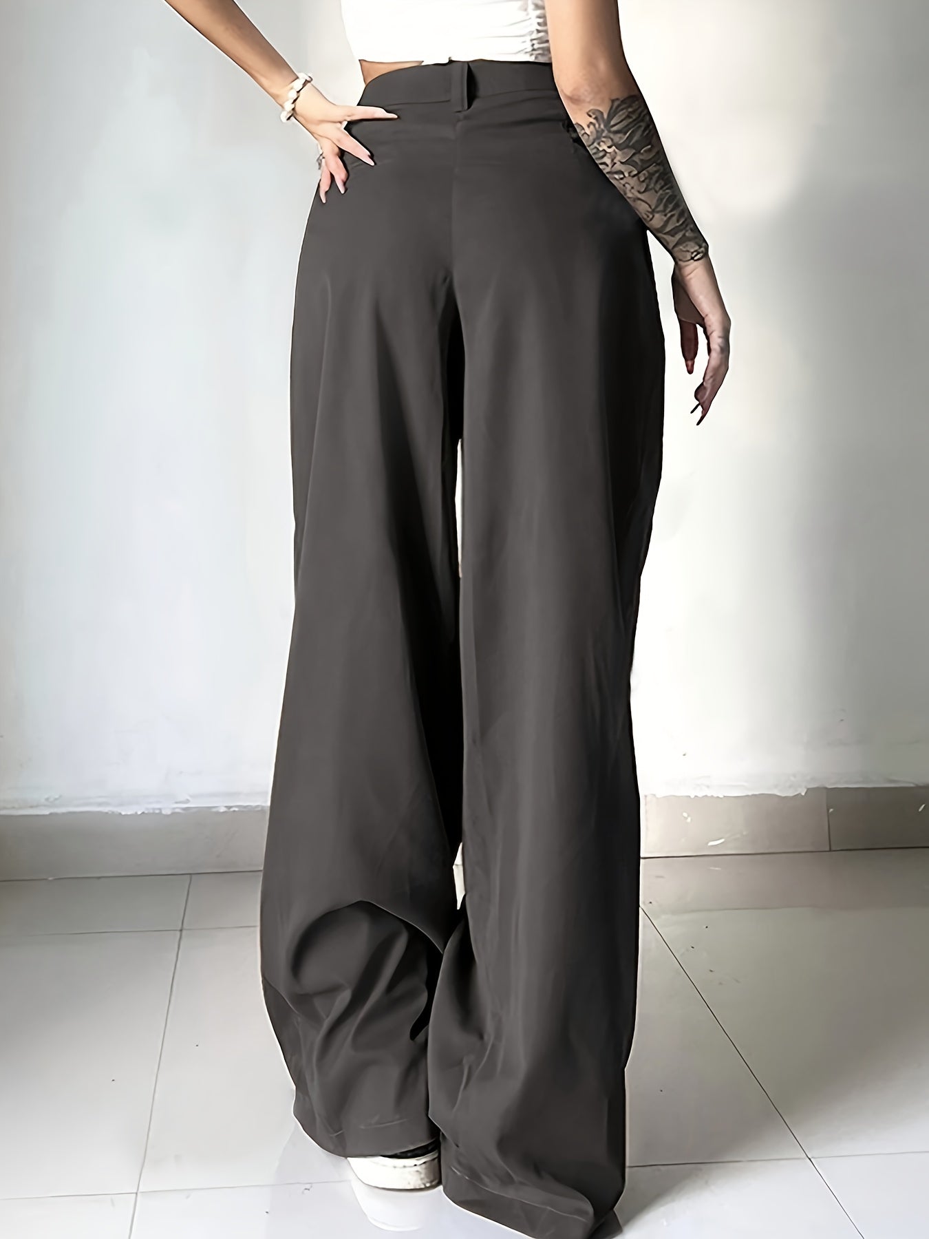 Women's High-Waisted Solid Color Button-Front Work Pants