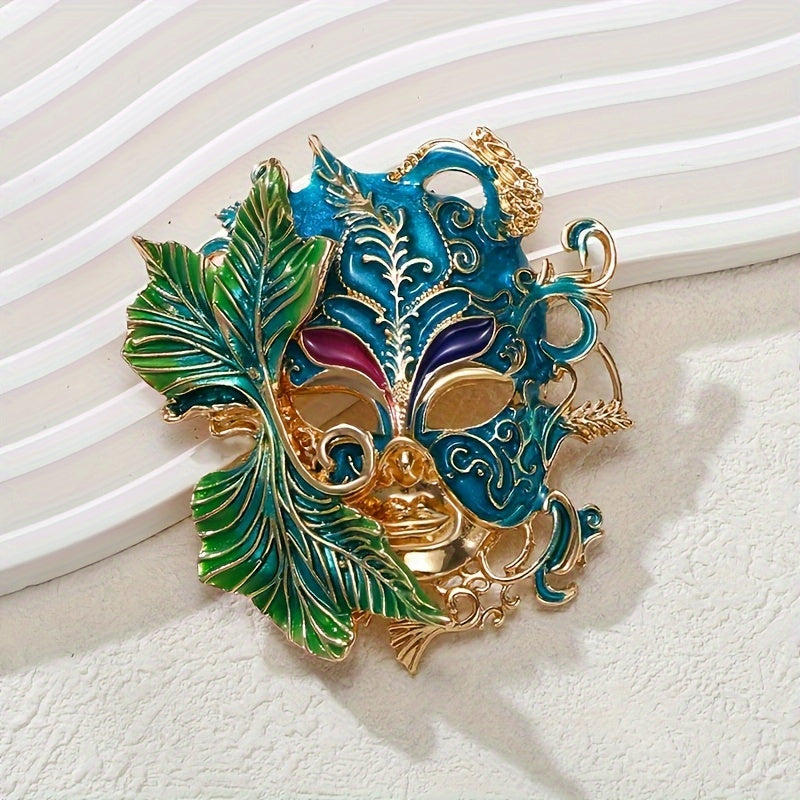 Green Antique Face Brooch with 3D Design and Rhinestone Details for Weddings and Special Occasions