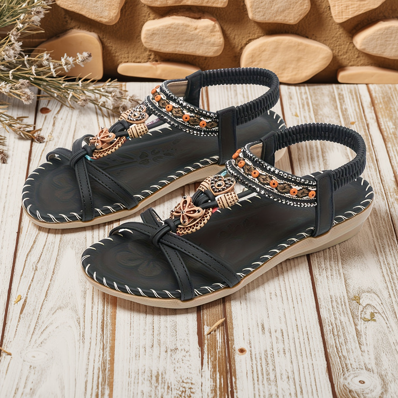 Women's Beaded Flat Sandals Open-Toe Casual Summer Shoes with Elastic Back Strap