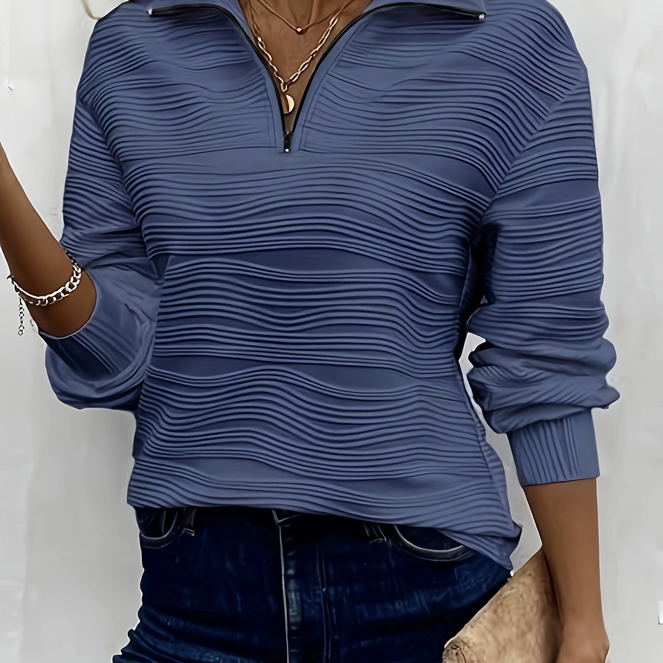 Plus Size V-Neck Zipper Pullover Sweatshirt Polyester Spandex Fall Winter