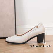 Women's Black Faux Leather Square Toe Pumps with Buckle, Mid-Chunky Heel