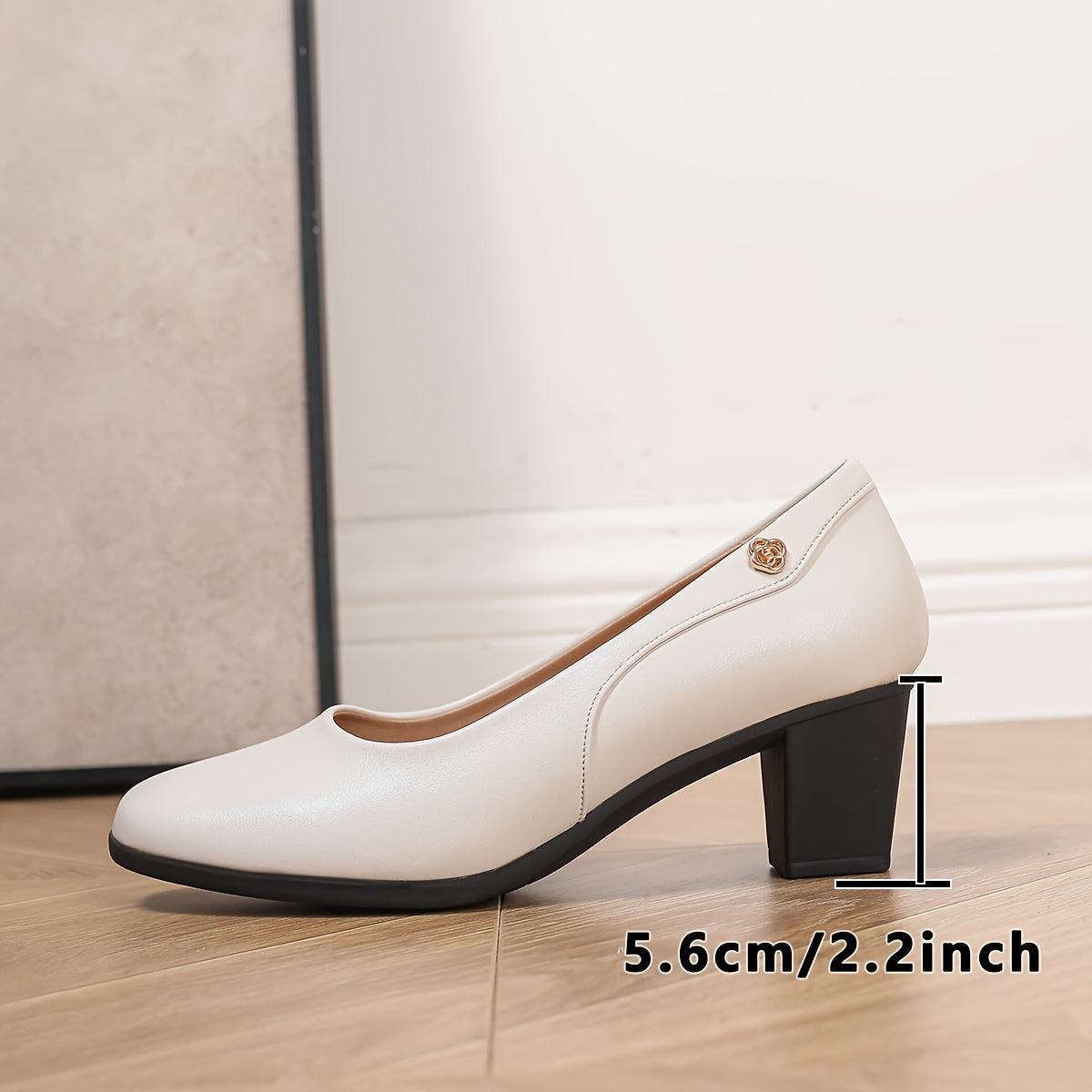 Women's Black Faux Leather Square Toe Pumps with Buckle, Mid-Chunky Heel