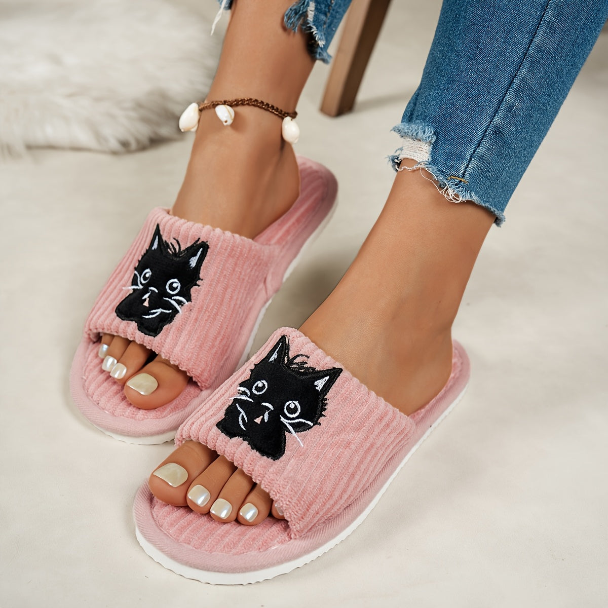 Women's Cat Design Slip-On Slippers, Open-Toe Soft Fabric Indoor Shoes