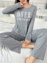 Women's Letter Print Lounge Set Long Sleeve Top and Pants for Fall Winter