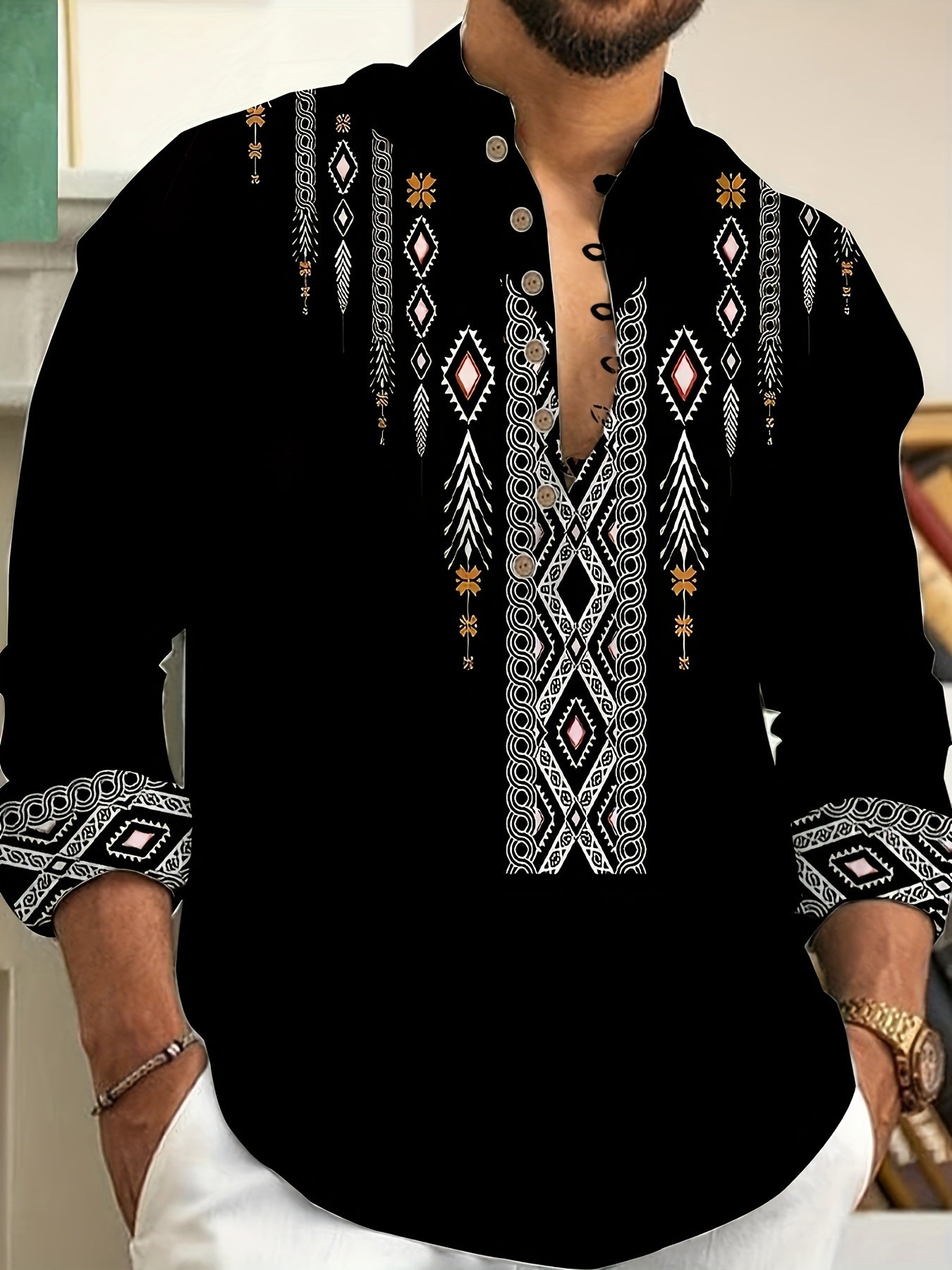 Men's Long Sleeve Striped Color Block Woven Shirt with Stand Collar