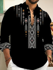 Men's Long Sleeve Striped Color Block Woven Shirt with Stand Collar