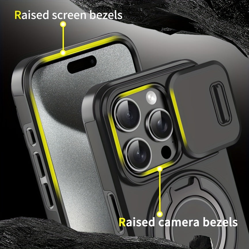 iPhone Case with Sliding Camera Cover Full Protection Shockproof Matte TPU Ring Holder Magnetic Car Bracket