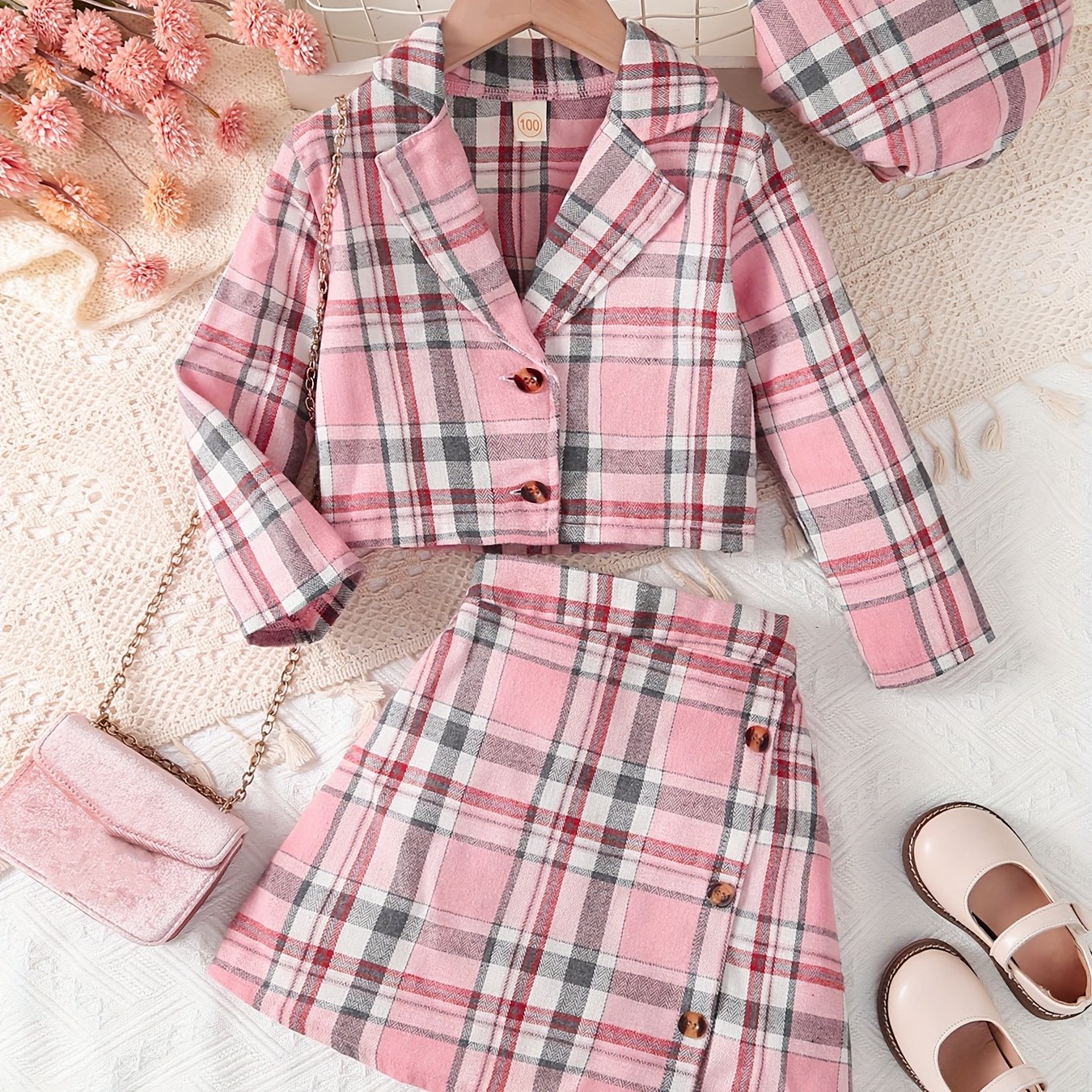 Girls' 3-Piece Outdoor Set with Knit Jumpsuit Skirt and Hat Gingham Pattern Cotton Polyester Fall Winter
